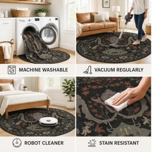 Area Rug for Living Room 5 Round Washable Floral Rug - Image 6