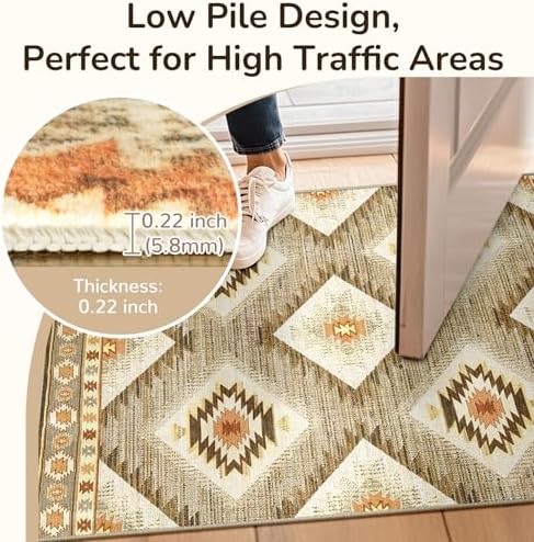 Area Rug 2x6 Rug Machine Washable Non-Slip Low Pile Print Pattern Western Rug for Living Room Bedroom Entryway Tribal Series -Cream/Camel - Image 6