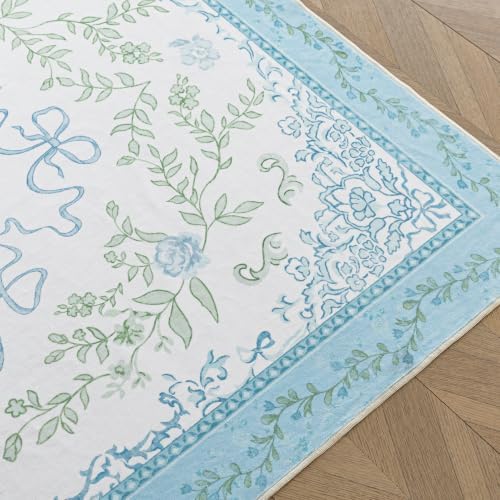 Blue and Green Floral Rug, Light Blue Preppy Rug for Nursery Girls Room Dorm, Washable French Country Cottage Core Shabby Chic Bow Grand Millenial Scalloped Area Rug, 5x7, Baby Blue and White - Image 7