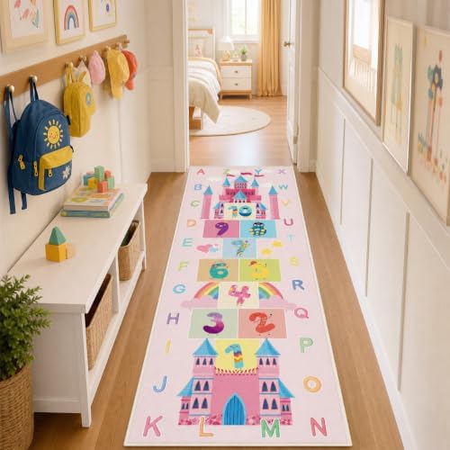 Hopscotch Kids Rug for Playroom, Colorful Educational Classroom Rugs with ABC Number, Non Slip Kids Play Mat Rug Game Carpet for Bedroom Boy Girl - Pink, 24''x72'' - Image 7