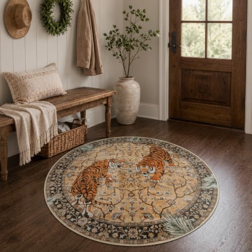 Moynesa Boho Tiger 5ft Round Area Rug, Washable Vintage Living Room Rug - Image 6