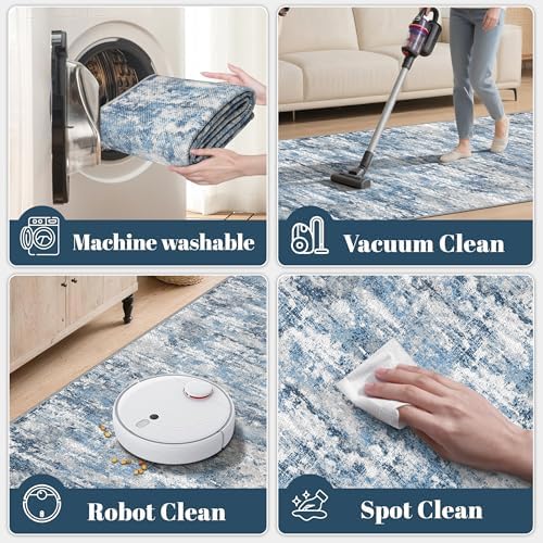 Modern Hallway Runner Rug 2x10, Textured Non Slip Carpet Runner, Ocean Blue - Image 7