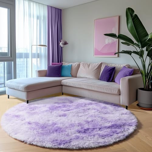 ONASAR Round Rugs 5ft for Bedroom Living Room, Tie-Dyed Purple Fluffy Circle Area Rug for Kids Girls Boys Teen, Soft Plush Shaggy Carpet for Nursery Dorm Classroom Playroom Home Decor Aesthetic - Image 6