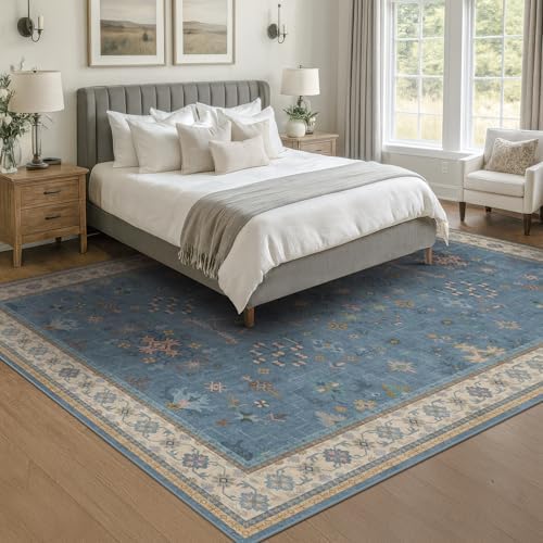 Boho 7x9 Living Room Rugs - Modern Dark Blue Dining Room Rug for Under Table, Lightweight Washable Foldable Low Pile Carpet, Eclectic Floral Bedroom Décor Aesthetic - Image 6