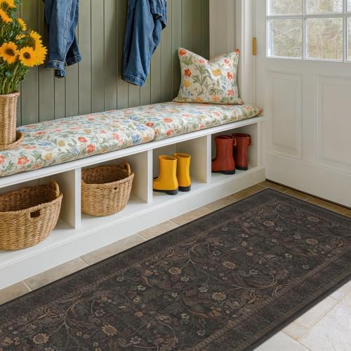 Washable Hallway Runner Rug 2'6"x8' - Floral Thin Entryway Rugs Indoor Non Slip, Traditional Botanical & Sunflower Kitchen Floor Mats (Brown and Black) - Image 6