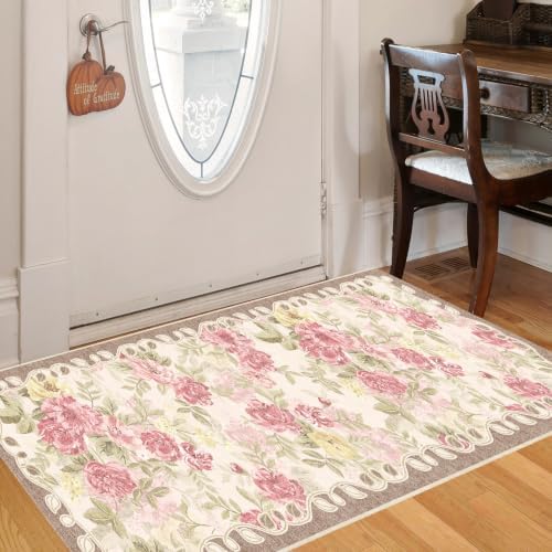 Washable 3x12 Runner Rug, Cream Boho Floral Non-Slip for Hallway, Kitchen by GERUIMO