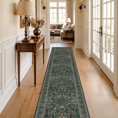 2x10 Long Hallwag Runner Rug 10ft, Washable Dark Green Indoor Floor Mats for Entryway Non Slip, Flower & Botanical Pattern Stain Resistant Carpet - Image 6