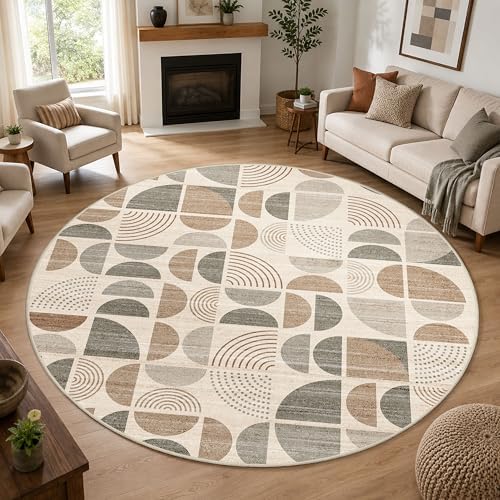 MUJOO Round Rugs 9ft,Circle Area Rug Washable Non Slip Modern Abstract - Image 7