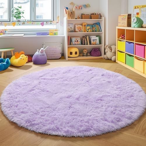 PAGISOFE Round Rugs 5Ft, Purple Area Rug, Circle Rug for Kids Bedroom, Fluffy Shaggy Carpets, Indoor Small Teepee Furry Mat, Comfy Reading Carpets, Circular Rugs for Girls Baby Room Decor Aesthetic - Image 6