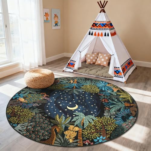 GarveeHome Round Area Rugs 8ft for Living Room, Large Green Jungle Washable Circle Rug Soft Non Slip Forest Animal Print Floor Mat Tiger Carpet Indoor Thin Rug for Bedroom Dining Room Playroom Nursery - Image 7