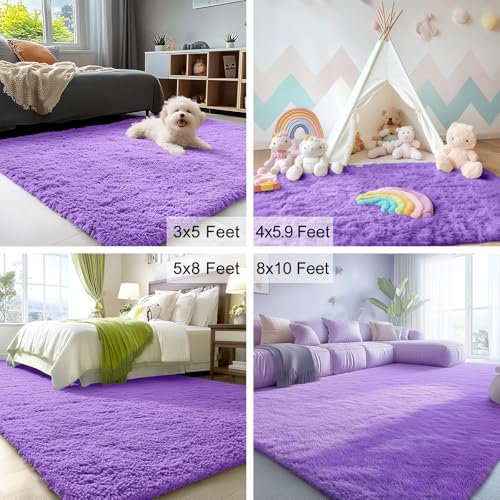 OLANLY 3x5 Machine Washable Small Bedside Rug, Soft Fluffy Shaggy Rugs for Living Room, Bedroom, Indoor Floor Carpet for Kids Girls and Boys, Preppy Dorms, Nursery, Home Decor Aesthetic, Purple - Image 6