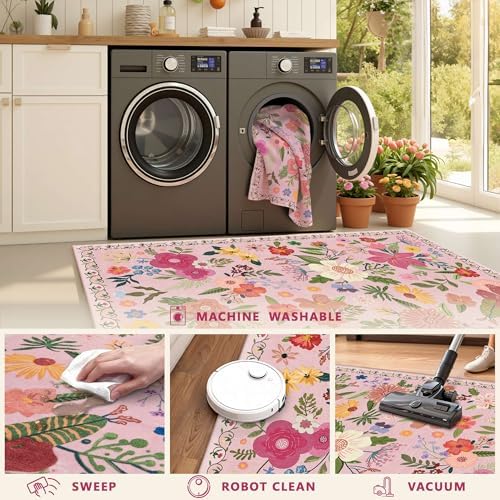 Pink Floral Hallway Kitchen Runner Rug 2'6"x8' Washable Rug - Image 6