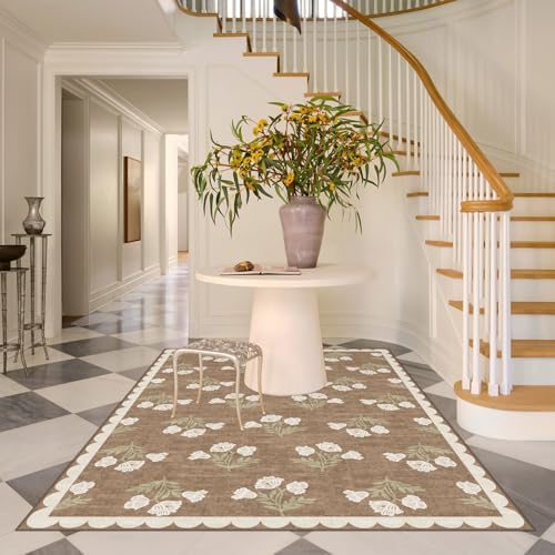 Boho 5x7 Living Room Rug - Tan Floral Scalloped Bedroom Area Rug - Image 7