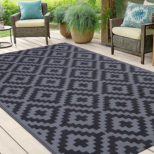 Smiry Outdoor Rug 5x8 ft Waterproof Reversible Boho Mat, Black & Grey - Image 6