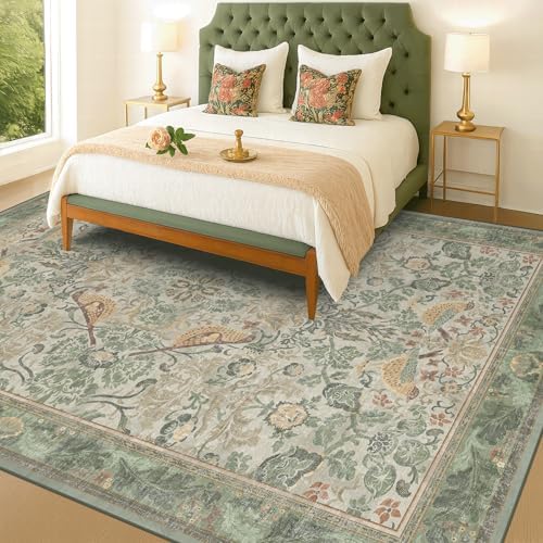 Floral Washable Large Rugs for Bedroom 10x14 - Sage Green Soft Area Rug for Dining Room Under Kitchen Table, Living Room, Playroom, Folable Non Skid Low Pile Indoor Carpet - Image 6