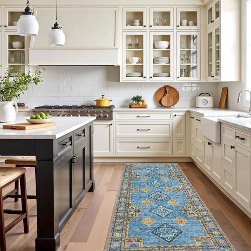 Kitchen Rugs Sets of 3 Non Slip Washable Kitchen Mats for Floor, Light Blue - Image 6