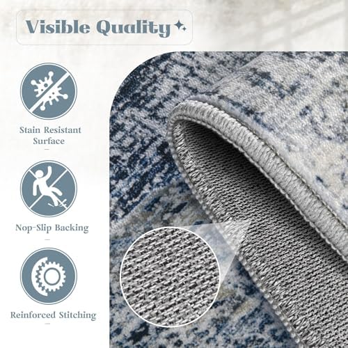 Area Rug 6x9 Washable Rug, Vintage Boho Medallion Rugs Non-Slip Soft Low Pile Large Distressed Rug Indoor Retro Carpet for Living Room Bedroom Dining Room Home Office (Blue, 6'x9') - Image 6