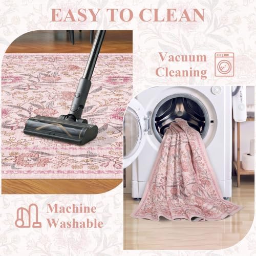 DUKINO 2x8 Runner Rug, Washable Vintage Floral Kitchen Rugs, Pink - Image 7