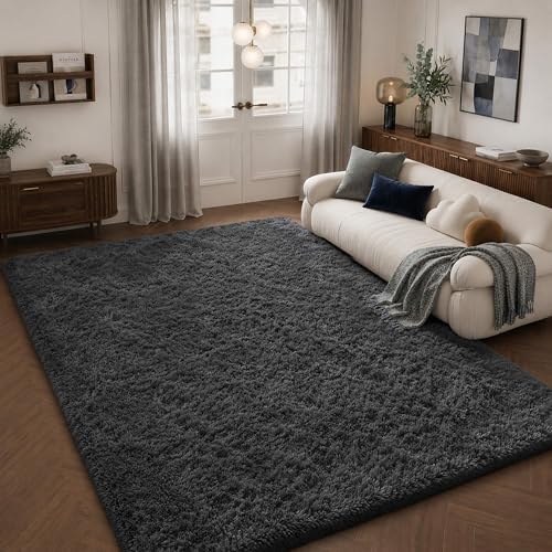 Dark Grey Fluffy Area Rug 5x8 Ft, Washable for Living Room - Image 6