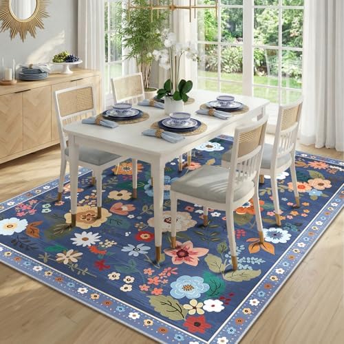 RELEANY Floral 5x7 Area Rug Machine Washable Soft Print Boho Carpet Non Slip Doormat Low Pile Flower Area Rugs for Living Room Bedroom Nursery Kitchen Dining Room Indoor-Blue/Grey - Image 6