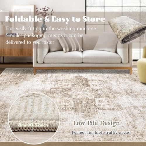 Area Rug 3x5 Washable Rug, Vintage Boho Medallion Entryway Rug Non-Slip Soft Low Pile Small Distressed Floor Carpet Retro Doormat for Kitchen Bedroom Laundry Bathroom Hallway (Brown, 3'x5') - Image 6