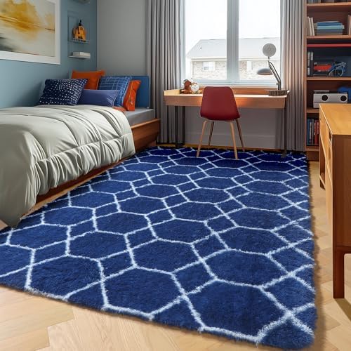 6x9 Area Rugs for Living Room Bedroom, Fluffy Navy and White Geometric Rug - Image 6
