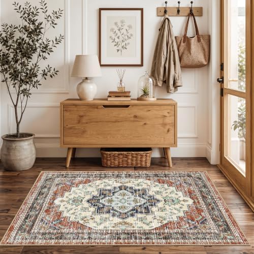 Area Rugs 3x5 Washable Non-Slip Boho Indoor Carpets, Taupe Red