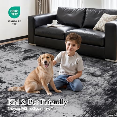 Rugflix 9x12 Area Rugs for Living Room, Washable Black Grey Dark Large Rug - Image 6