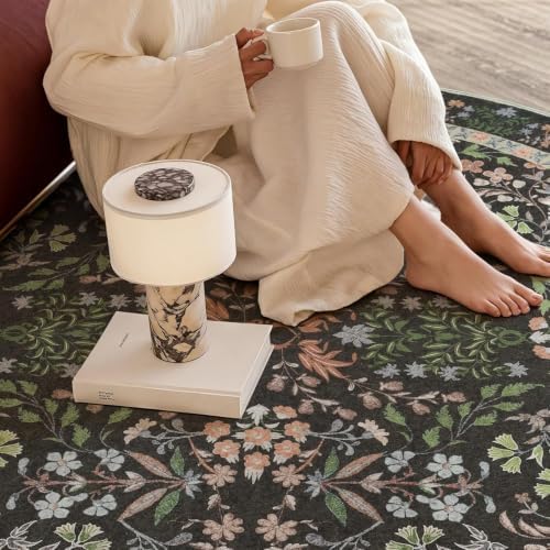 jinchan 8ft Washable Round Area Rug, Vintage Floral, Black - Image 6