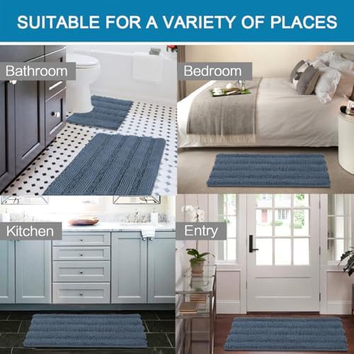 H.VERSAILTEX Bathroom Rug Sets 2 Piece Bath Mats Non Slip Thick Soft Chenille Striped Bath Rug achine Washable Shower Floor Rugs for Tub, Shower and Floor (Blue Indigo, 20"x32" Plus 20"x20" U) - Image 6