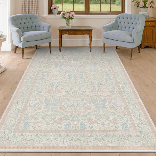 Light Pink 6x9 Girl Bedroom Rug Low Pile & Soft, Botanical Floral Washable Oushak Area Rug for French Country Living Room, Nuresry, Pastel Pink Non Slip Soft Kids Room Décor - Image 6