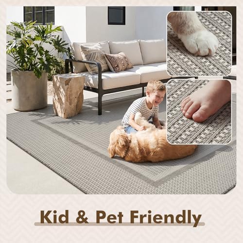 MontVoo-Outdoor Rug-Patio Rug 5x7 ft Indoor Outdoor Rugs Outdoor Carpet for Patio Deck Balcony Porch, Outside Rugs Textured Weave, High Traffic, Pet Friendly, Non Shedding, Modern Grey - Image 6