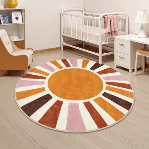 LIVEBOX Round Washable Rug 5.2ft Sun Circular Nursery Rug Girl for Kids Room, Soft Colorful Circle Rugs Cute for Girls Room, Non-Slip Cozy Retro Rainbow Round Rug for Classroom Play Room - Image 6