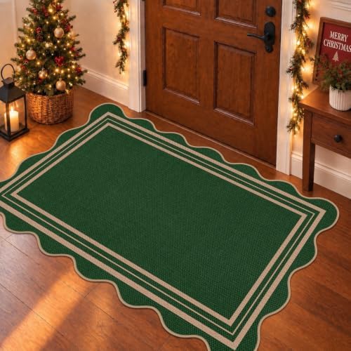 Scalloped Easy Jute 3x5 Christmas Outdoor Rug, Washable Rugs for Entryway Green Front Door Mat, Farmhouse Neutral Non Slip Indoor Carpet for Patio Living Room Backyard - Image 7