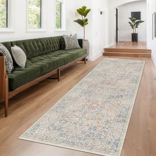 Vintage Beige Blue 3x10 Runner Rug for Hallway, Kitchen, Bathroom, Entryway Indoor, Washable Non Slip Rubber Backing Stain Resistant - Botanical Home Decor - Image 6