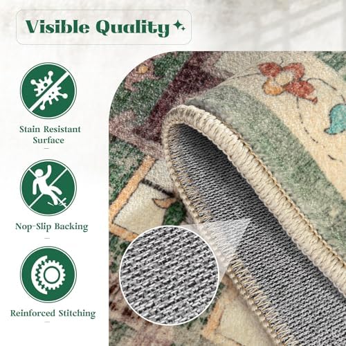 Area Rug 8x10 Washable Rug, Vintage Boho Medallion Rugs Non-Slip Soft Low Pile Large Distressed Rug Indoor Retro Carpet for Living Room Bedroom Dining Room Home Office (Green Beige, 8'x10') - Image 6