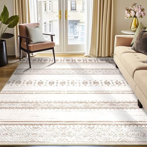 BESTSWEETIE 9x12 Area Rugs for Living Room Washable Moroccan Farmhouse Neutral Geometric Low Pile Non-Slip Soft Print Pattern Rug for Bedroom Kitchen Dining Room Entryway Cream/Brown/Pink - Image 6