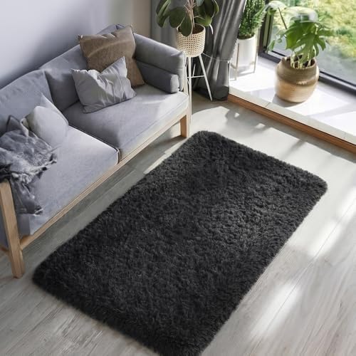 Ophanie Runner Rug for Hallway, 3x6 Washable Non-Slip Fluffy Soft Bedside Rugs, Bedroom Living Room Shaggy Carpet for Kids Girls Boys Dorm Nursery Decor Aesthetic, Black with Over 99 pcs Pile fibers - Image 6