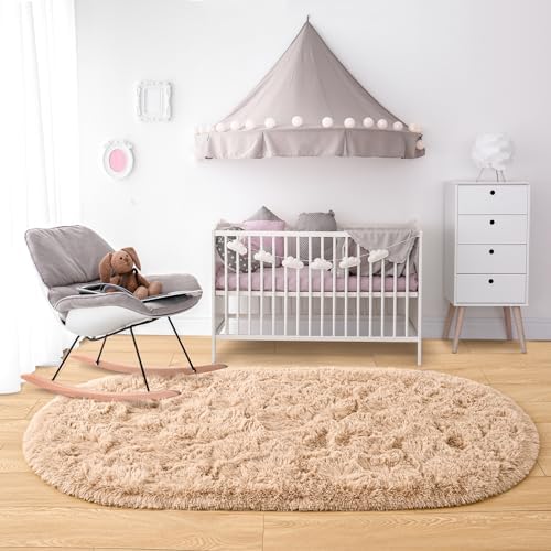 Noahas 2.6x5.3 Beige Fluffy Soft Oval Rug Non-Slip for Bedroom Dorm Hallway - Image 6