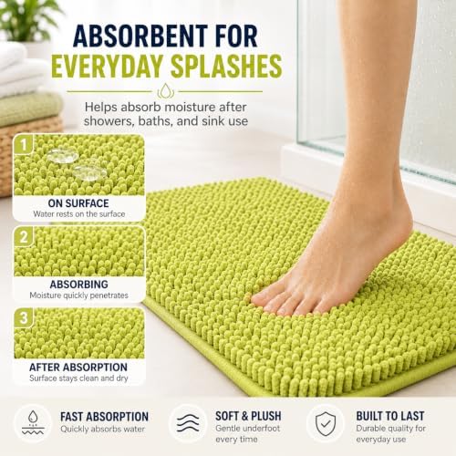 Lime Green Bathroom Rug Set - Extra Soft 3 Piece Anti-Slip Bath Mats, Plush Chenille Shaggy Mat for Living Room, Bedroom, Floor - Water Absorbent Soft Rug - Image 6