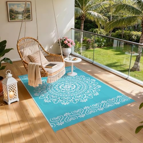 Pauwer Outdoor Rug 5x8, Waterproof Plastic Straw Camping Rug, Floral Teal - Image 6