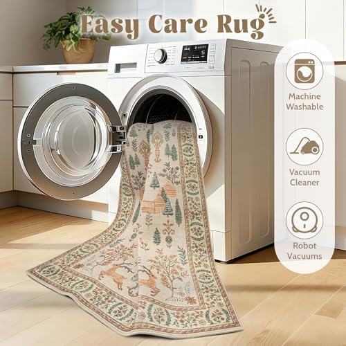 Living Room Rugs 8x10: Washable Boho Rug Farmhouse Non Slip Stain Resistant Large Rug Low Pile Soft Carpet for Bedroom Dining Room Children Room (Cream Animal,8'x10') - Image 6