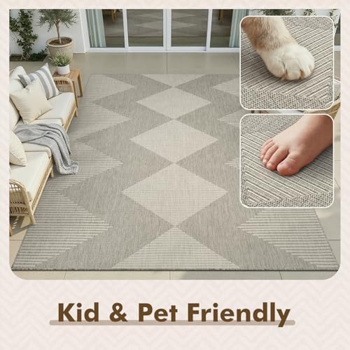 MontVoo-Outdoor Rug Carpet Patio Rug 5x7 ft Polypropylene Indoor Outdoor Rugs for Patio Deck Balcony Porch, Textured Weave, Durable for High Traffic, Fade-Resistant, Boho Geometric Silver Grey - Image 6