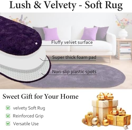 2.6x5.3 Grape Purple Fluffy Soft Oval Rug Non-Slip for Bedroom Dorm Hallway - Image 6