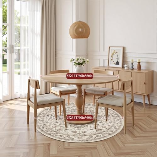 cotiled 5ft Round Living Room Area Rug, Washable, Traditional, Light Brown - Image 7
