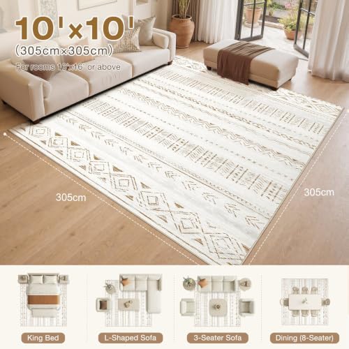 cotiled 10x10 Area Rugs Washable Boho Living Room Rug Brown/Cream - Image 7