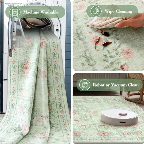 Wonnitar Floral Bow Print Washable Rugs 5x7, Sage Green Rug for Living Room, Ultra-Thin Non Slip Soft Boho Carpet for Dining Room Bedroom Kid Room Playroom, Light Green - Image 6