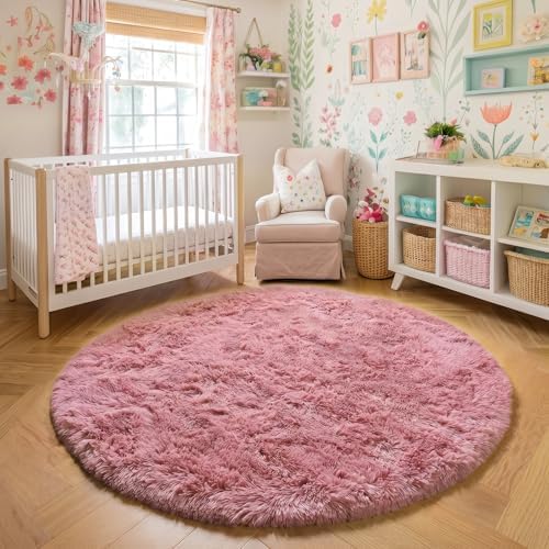 Amdrebio Blush Pink Big Round Fluffy Rug 7Ft for Living Room Girls Bedroom - Image 6
