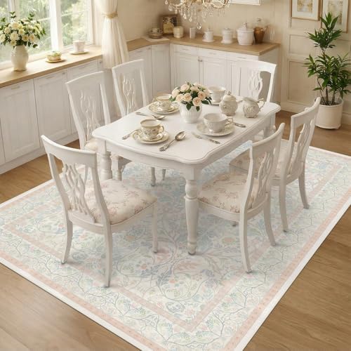 Washable Blue and Pink Rug 5x7 - Girls Nursery Rug Non Slip, Soft Pastel Kids Playroom Decor Carpet, Light Blue and Green Oushak Floral Bedroom Living Room Dorm Carpet (Green and Pink) - Image 6
