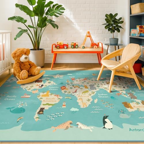 Hazo Haus Washable Kids Playroom Rug – 5x7 Play Rug for Preschool Toddlers, Girls, Educational with Cute Animals – Non-Slip, Stain Resistant, Soft & Safe for Bedroom, Play Room and Classroom - Blue - Image 6